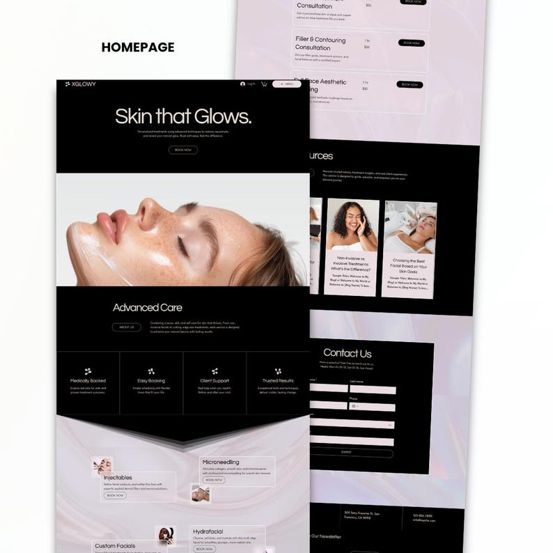 Med spa and esthetician Wix website template homepage preview with skincare services, booking sections, resources, contact form and modern beauty clinic design.
