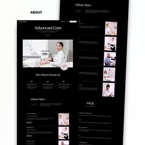Med spa and esthetician Wix website template About page preview with clinic story, team profiles, client benefits, FAQ, and modern beauty clinic layout.