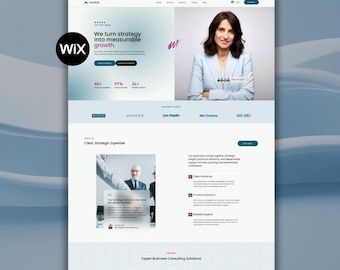May include: A website design featuring a woman in a light blue blazer. The site includes the Wix logo, the text "We turn strategy into measurable growth," and statistics. The website promotes expert business consulting solutions.