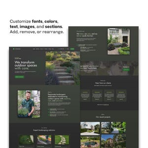 Landscaping Wix website template preview with customizable fonts, colors, text, images, and sections.