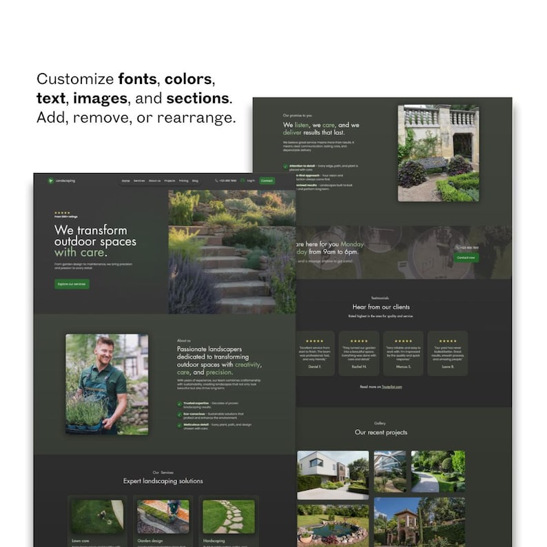 Landscaping Wix website template preview with customizable fonts, colors, text, images, and sections.