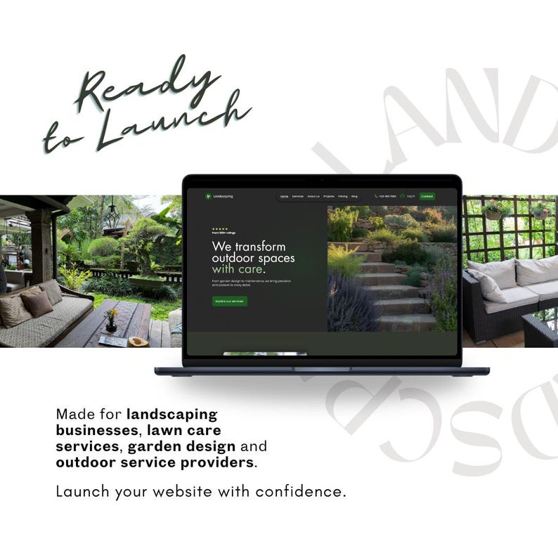 Landscaping Wix website template preview with launch-ready design for landscaping businesses, lawn care services, garden design, and outdoor service providers.