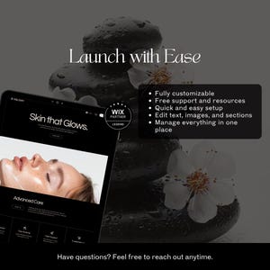 Med spa and esthetician Wix website template mockup with easy setup features, customizable design options and support information.