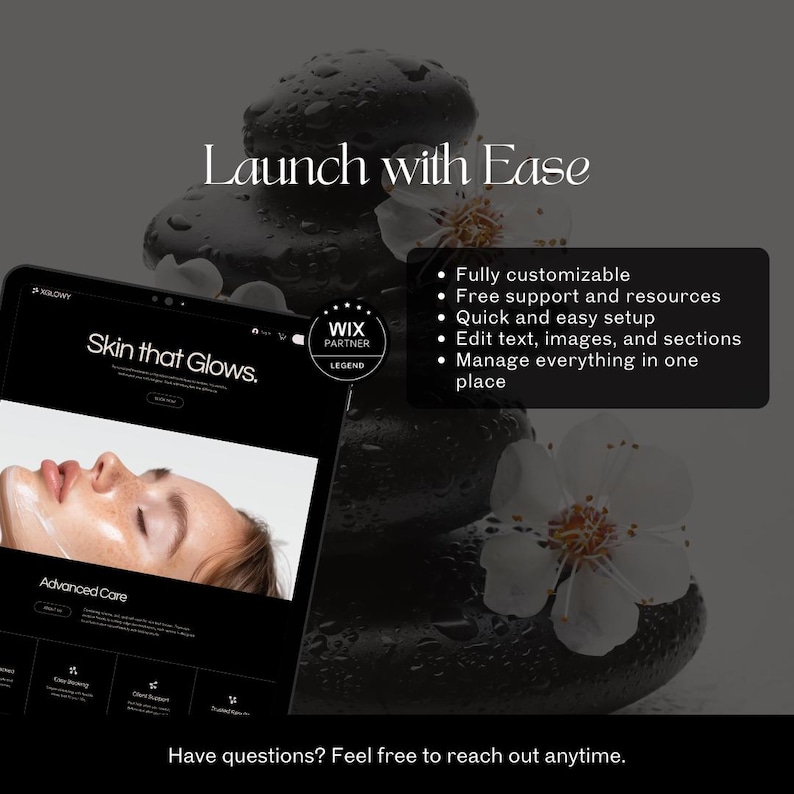 Med spa and esthetician Wix website template mockup with easy setup features, customizable design options and support information.