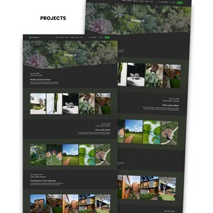 Landscaping Wix website template projects page preview with completed project showcases, locations, dates, and image galleries.