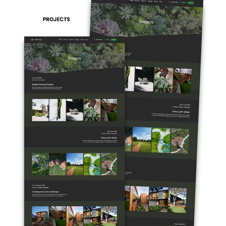 Landscaping Wix website template projects page preview with completed project showcases, locations, dates, and image galleries.
