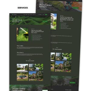 Landscaping Wix website template services page preview with lawn care, garden design, project gallery, and consultation sections.