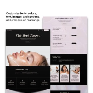 Med spa and esthetician Wix website template preview with customizable fonts, colors, text, images, sections, booking options, and skincare blog layout.