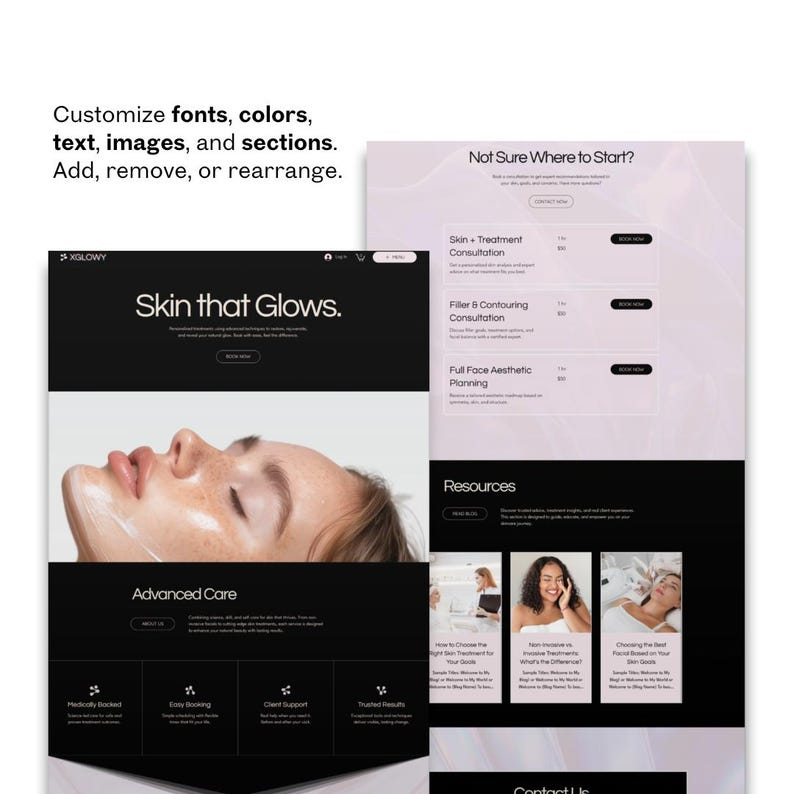 Med spa and esthetician Wix website template preview with customizable fonts, colors, text, images, sections, booking options, and skincare blog layout.