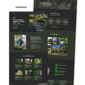 Landscaping Wix website template homepage preview with services, testimonials, project gallery, FAQ, and business information sections.