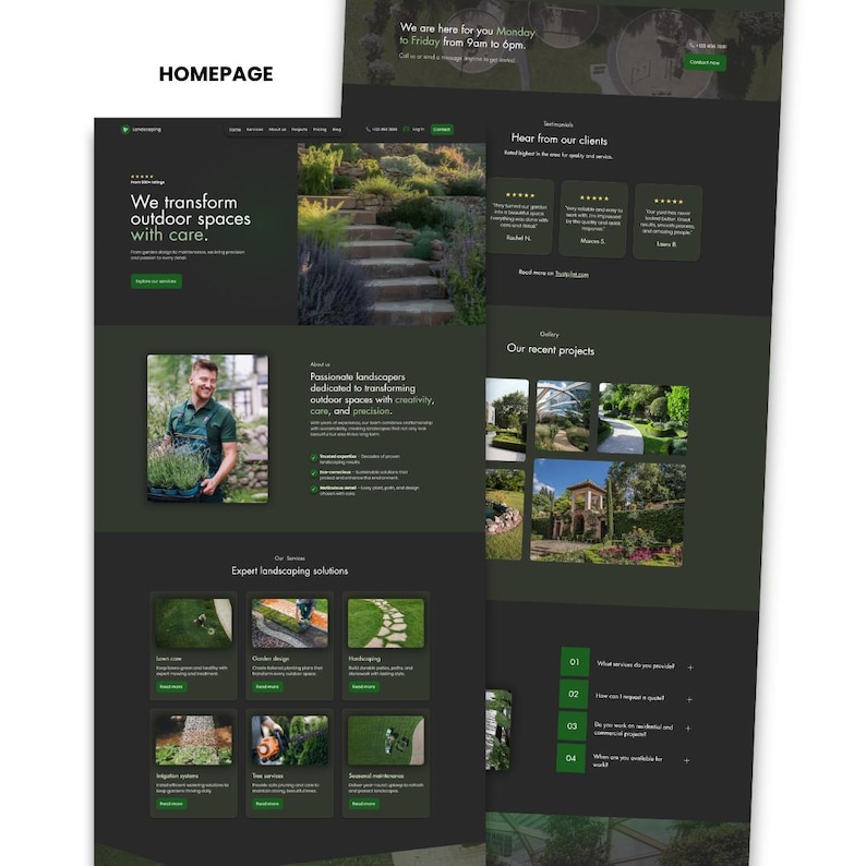 Landscaping Wix website template homepage preview with services, testimonials, project gallery, FAQ, and business information sections.