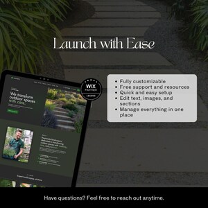 Landscaping Wix website template mockup with easy setup features, customizable design options, and support information.