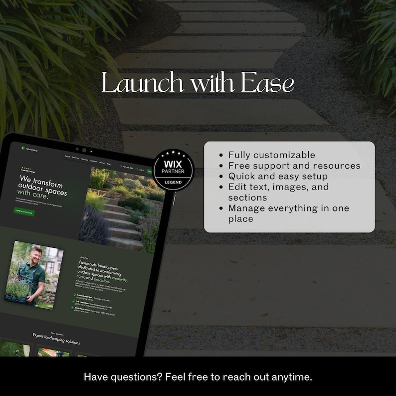 Landscaping Wix website template mockup with easy setup features, customizable design options, and support information.