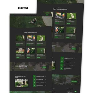 Landscaping Wix website template services page preview with service cards, business hours, FAQ, and contact sections.