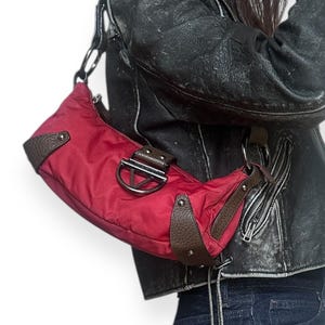 VALENTINO Vintage 00s y2k Baguette Nylon & Leather Brown Red Shoulder Bag | neutral minimal subversive rave cyber grunge designer 90s 1990s