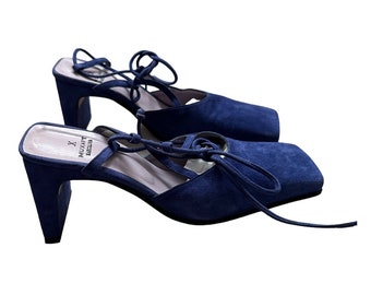 Zapatos MUXART vintage de ante azul con punta cuadrada, estilo años 90 (Y2K), libres de impuestos en EE. UU. / Talla 7 (38) / Estilo grunge, rave, clubkid, berlinés, cyber glam, neutro, años 2000 y 2000