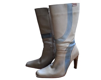 US Tax Free | MUSTANG Vintage 90s y2k Genuine Leather Blue Beige Pointy Square Toed High Boots | Size 7 38 | neutral grunge cyber 00s 2000s