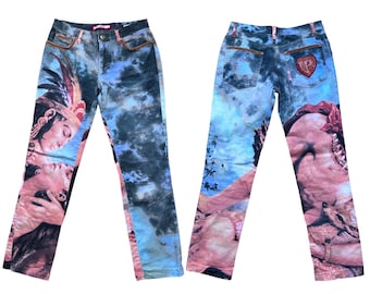 VOYAGE PASSION Rare Vintage 90s Y2k cintura alta Quetzalcóatl pantalones con estampado gráfico / Talla XS / rave grunge cyber neutral clubkid 00s 2000s