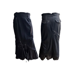 Vintage French 00s Long Maxi Black Ruffled Skirt with Strings | Sizes M L | rave goth futuristic minimal subversive basics 90s y2k 2000s