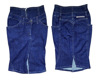 May include: A pair of dark blue denim skirts with a front slit. The skirts have a high waist and are made of a thick denim fabric.