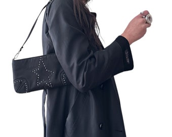 THIERRY MUGLER Vintage 90s y2k Designer Black Bag with Studded Silver Star | designer rave grunge punk chic minimal neutral 00s 2000s