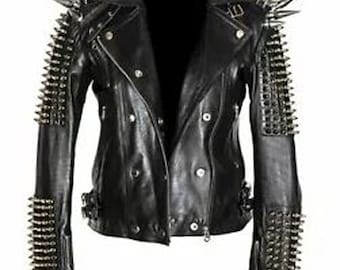Real Black Leather Spike Jacket Studded Punk Style Cropped Jacket For Club wear