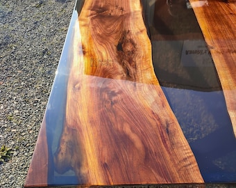 Live Edge Walnut Epoxy Resin Dining Table: Black Theme, Steel Legs