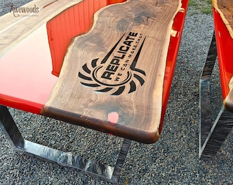 Custom walnut epoxy table with brand logo, made to order