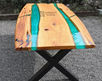 Epoxy resin table of oak wood in green theme, made to order