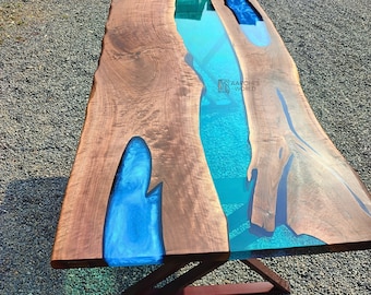 Walnut epoxy resin table in blue theme, made to order