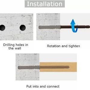 May include: Installation instructions for a wall-mounted object. The first step is to drill two holes in the wall. The second step is to insert a screw into the hole and tighten it. The final step is to connect the object to the screw.