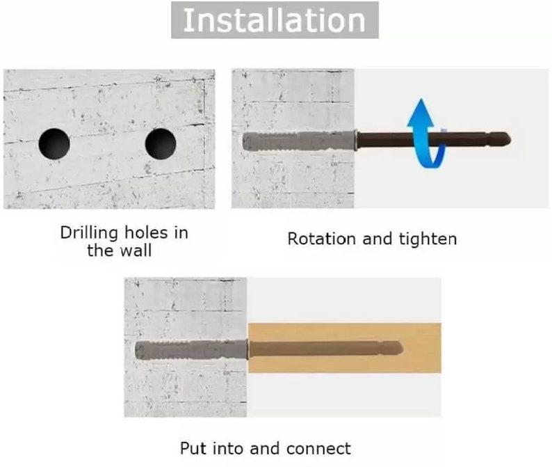 May include: Installation instructions for a wall-mounted object. The first step is to drill two holes in the wall. The second step is to insert a screw into the hole and tighten it. The final step is to connect the object to the screw.