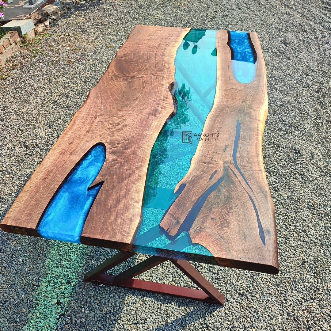 Walnut Epoxy Resin Table in Blue Theme Made to Order Etsy