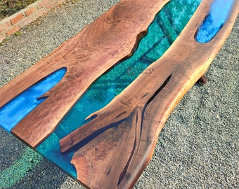 Walnut epoxy resin table in blue theme, made to order