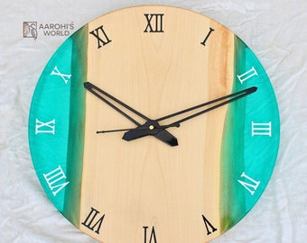 Epoxy Resin Cherry Wood Wall Clock: Transparent Green, 12 Inch