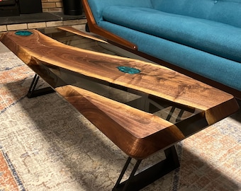 Custom order black walnut epoxy resin coffee table, live edge table