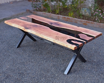 Live Edge Walnut Epoxy Resin Dining Table with Black Iron Legs