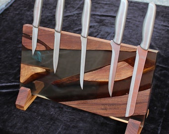 Live Edge Walnut Magnetic Knife Holder: Epoxy Resin Handmade Decor