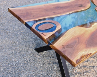Walnut Live Edge Dining Table: Blue Epoxy Resin River Table (8 Seater)