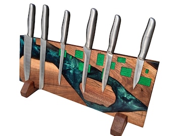 Live Edge Walnut Magnetic Knife Holder: Green Epoxy Resin Kitchen Decor