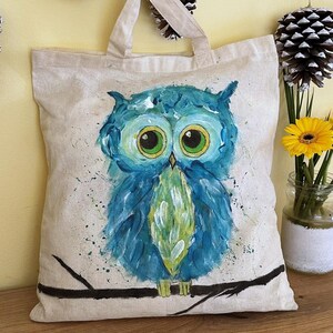Hand Painted Tote Bag, magic bag with cute owl, CottageFairyWorld