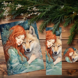 The wolf spirit - Art print 5x7”+ bookmark 2x6” and gift sticker 2x2” ,  Fairytale art