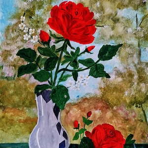 Roses from the garden, original gouache painting, free shipping