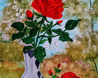 Rozen uit de tuin, origineel gouacheschilderij, gratis verzending