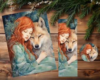 The wolf spirit - Art print 5x7”+ bookmark 2x6” and gift sticker 2x2” ,  Fairytale art