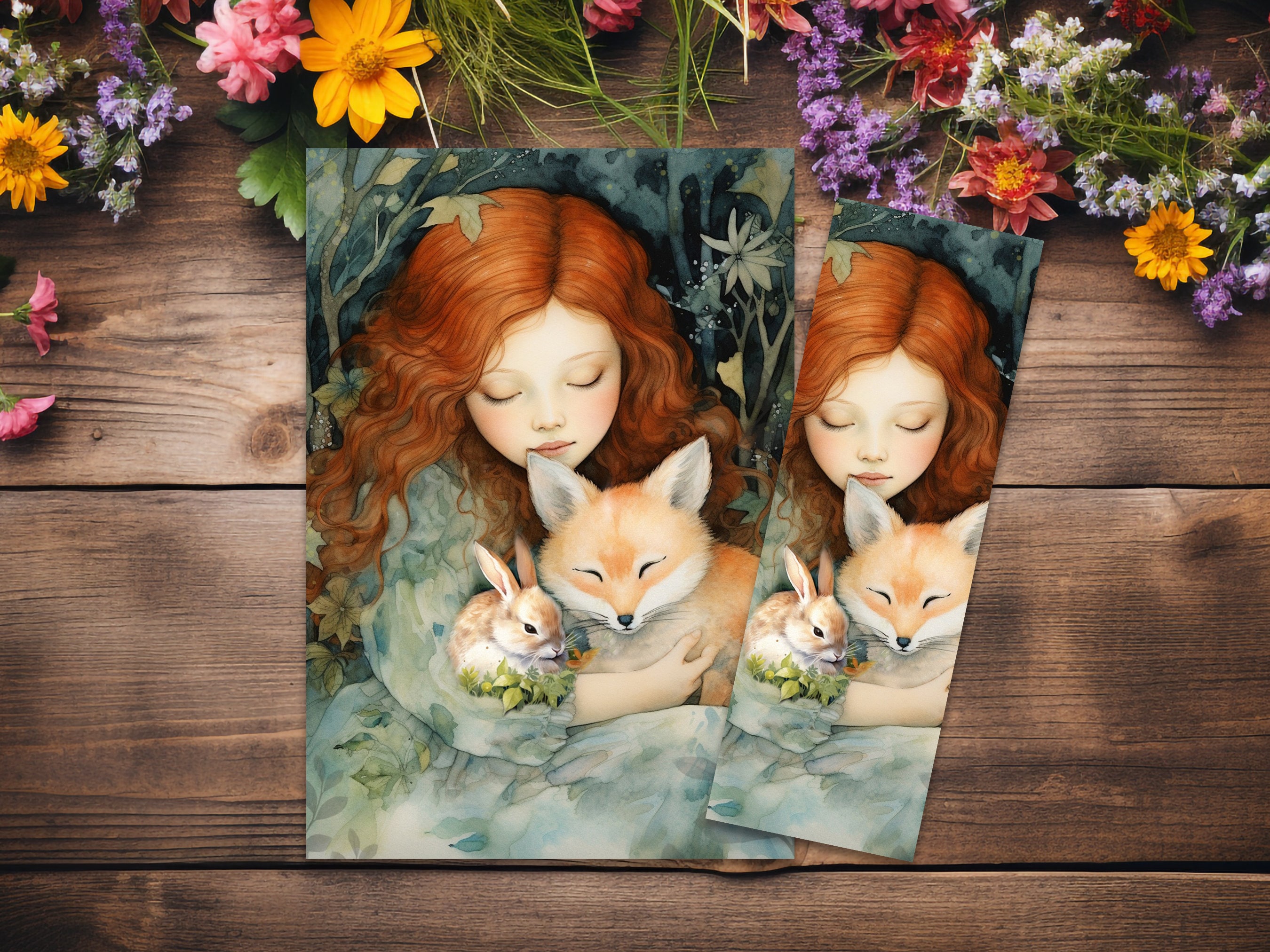 Nestled in an embrace- Art print 5x7" + bookmark 2x6", Cottage art prints, Fairytale