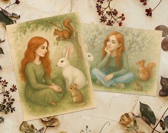 Stampa artistica di creature del bosco stravaganti - Illustrazione di una fiaba in formato A4 - Ragazza dai capelli rossi con animali - Arte murale fantasy ad acquerello
