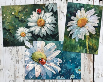 Rain Daisies- 3 art print 5x7&quot;, Cottagecore aesthetics, Cottage art