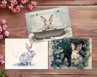 Vintage White bunny rabbit 3 Art Prints 5x7", cottage art. Cottagecore aesthetics