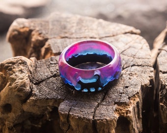 Holz Harz Katzenring Damen| Norwegen LichterRing| Handgemachter Lila-Pink Ring | Leuchtschmuck Holzring| Handgemachter Ring aus Resin mit Katze Tier Geschenk